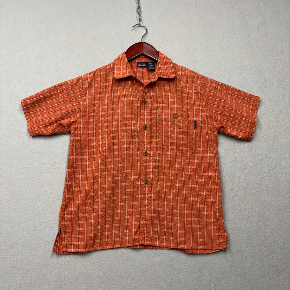 Patagonia Plaid Button Up Shirt Kids Small 7-8 Orange Short Sleeve Gorpcore